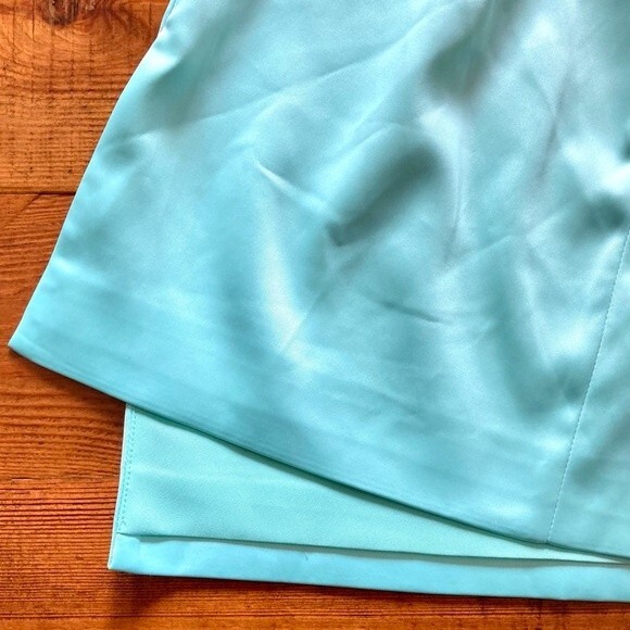 NEW For Love & Lemons Marie Asymmetrical Satin Aqua Side Slit Mini Skirt Size XS - Picture 10 of 15